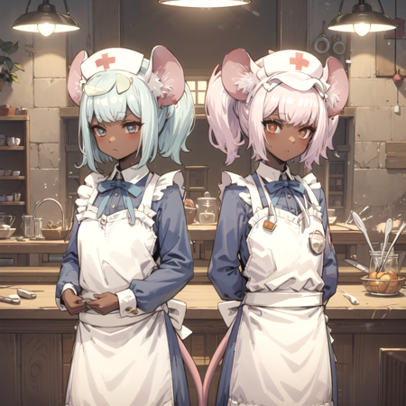 two mice that work in a kitchen wearing maid outfits and aprons, dark skin, animal ears, dark-s (1).png